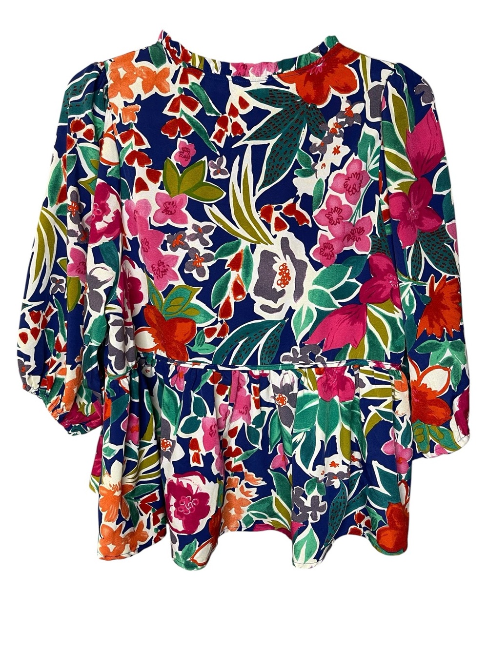 Umgee Navy Multicolor Floral Tie-Neck Peasant Blouse Sz L - Picture 2 of 4